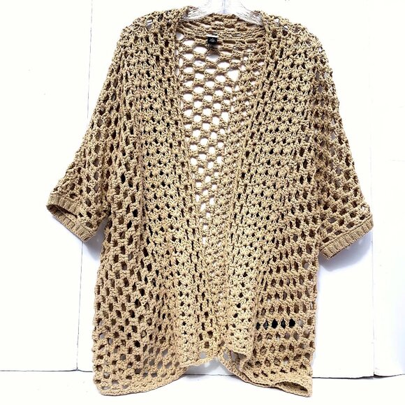 Women’s Chico’s Black Label Open Front Crochet Short Sleeve Sweater, Taupe/Metal - Picture 3 of 8